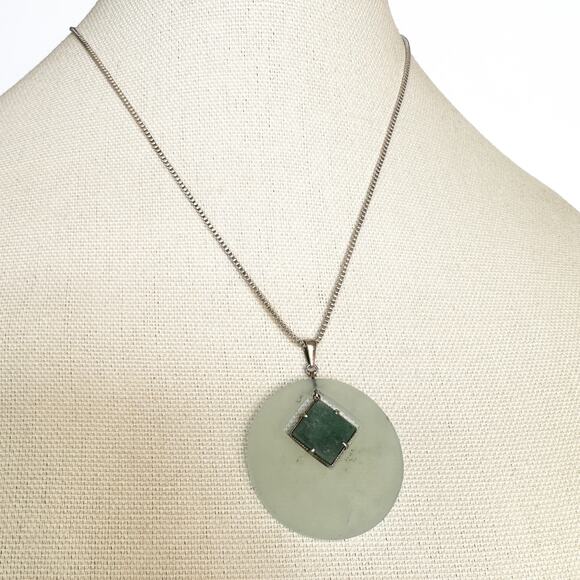 Vintage Modernist Silver Jade Pendant Necklace Mid Century Geometric - Picture 5 of 13